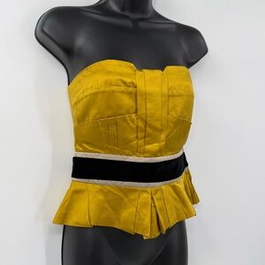 Bally Strapless Silk Peplum Corset Top in Mustard Yellow / Black | Size 0/2